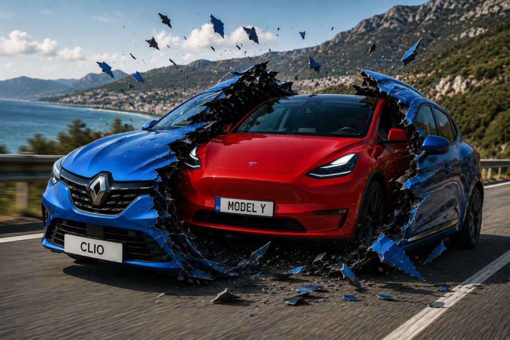 Ferrari red colored Tesla breaking through blue colored Twingo